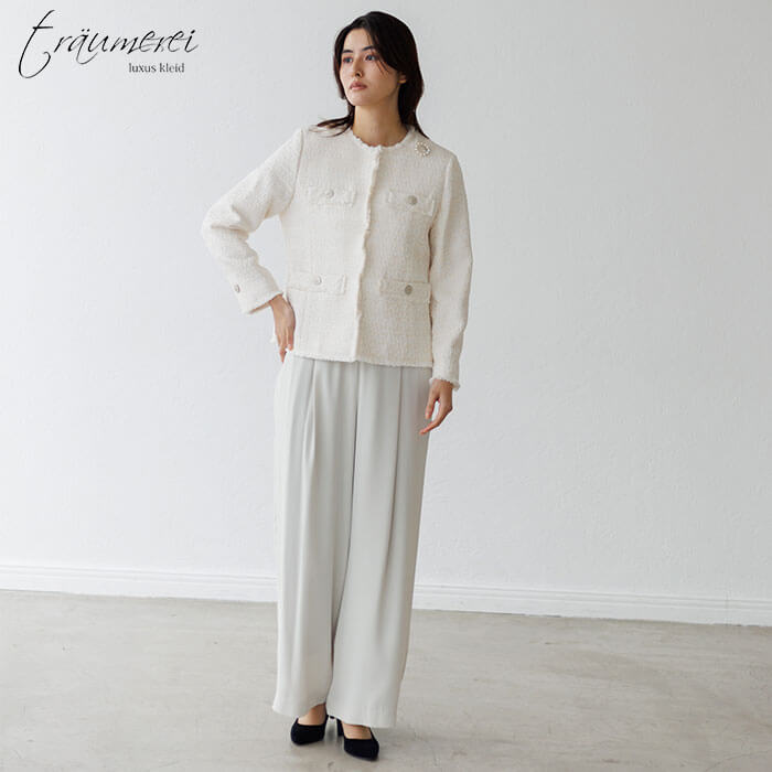 WEB限定｜ツイードワイドパンツスーツ 15号・ベージュ｜東京ソワール