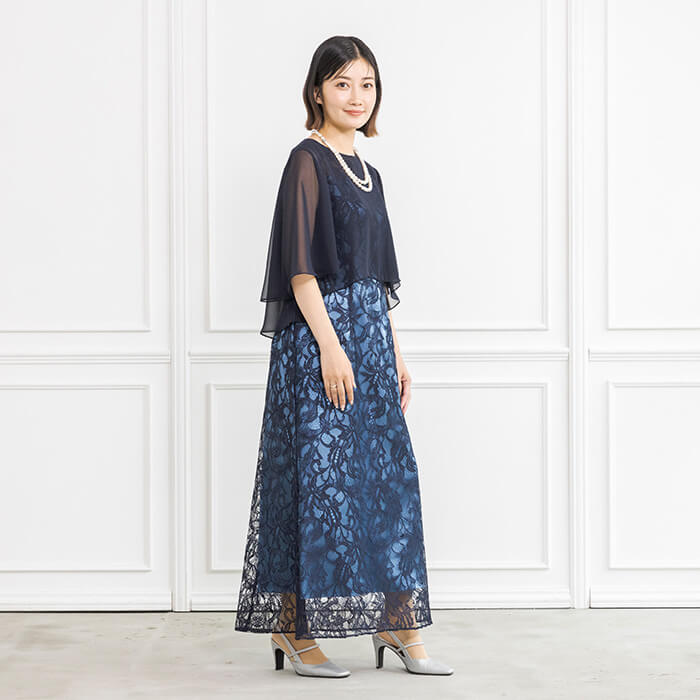 シフォンケープ付きラッセルレースのロングドレス 11号・ネイビー