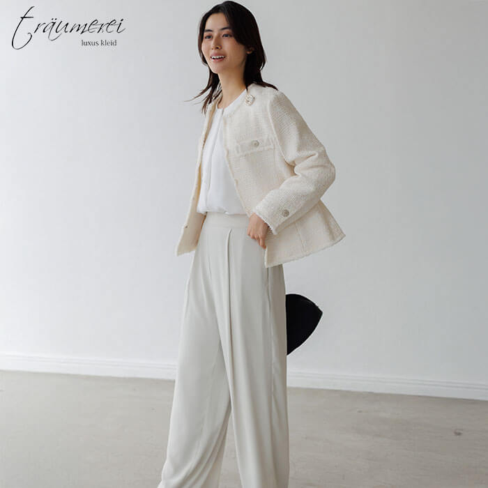 WEB限定｜ツイードワイドパンツスーツ 15号・ベージュ｜東京ソワール