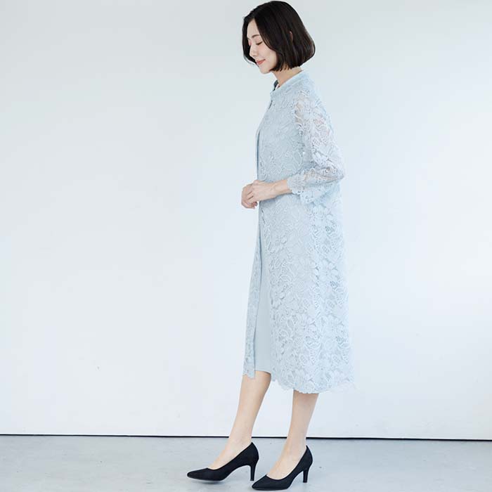 最終お値下げ　新品　ラッセルレース　夏用　着物コート　丈長サイズ　身丈103㎝ ラッセルレースが華やかなセレモニースーツ 9号・ペールグリーン