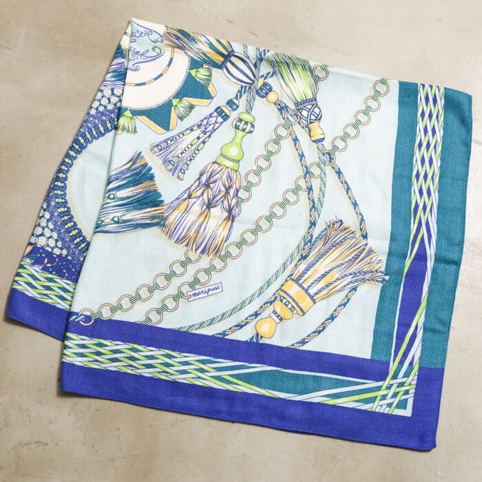 美品✨️レオナール●ストール●シルクウール●総柄●ボタニカル●フリンジ●ネイビー 美品 ´高級感溢れる´ LEONARD レオナール 高品質 WOOL & SILK 総柄