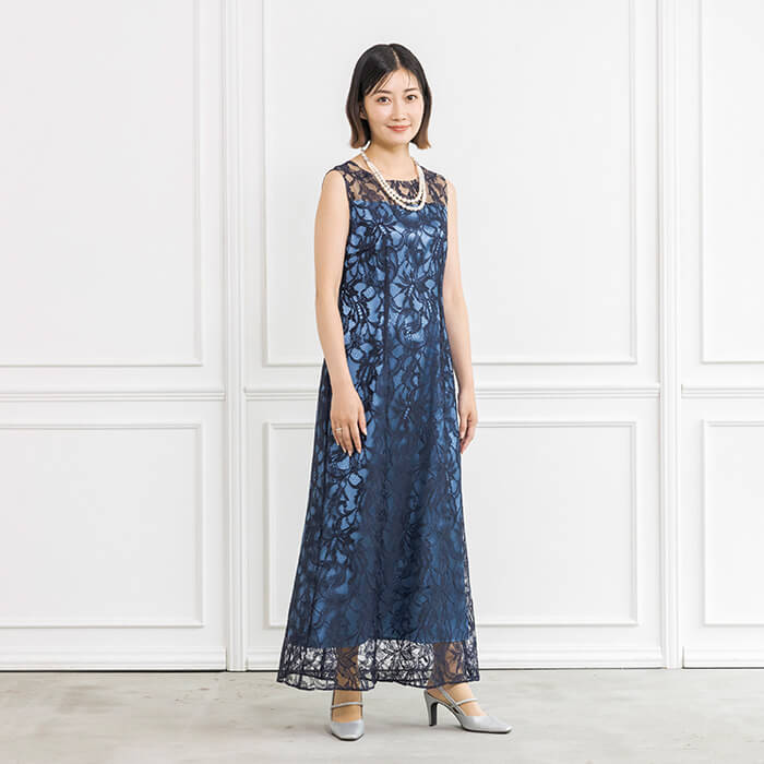 シフォンケープ付きラッセルレースのロングドレス 11号・ネイビー