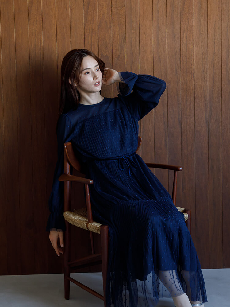 WEB限定|ドットチュールプリーツドレス